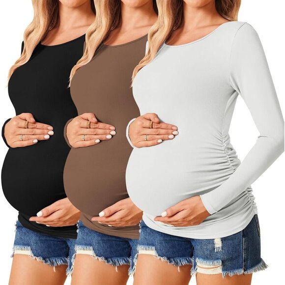 Tops - Maternity Shirts Long Sleeve 3 Pack Soft Fabric Side Ruched for Pregnancy
